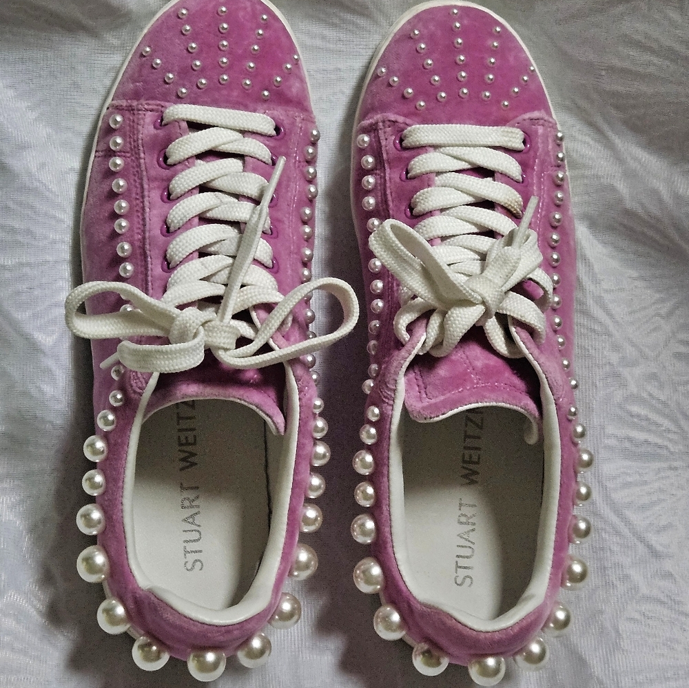 Stuart Weitzman Pink Velvet Goldie Pearl Embellished Low Top Sneakers US6.5 NWOB